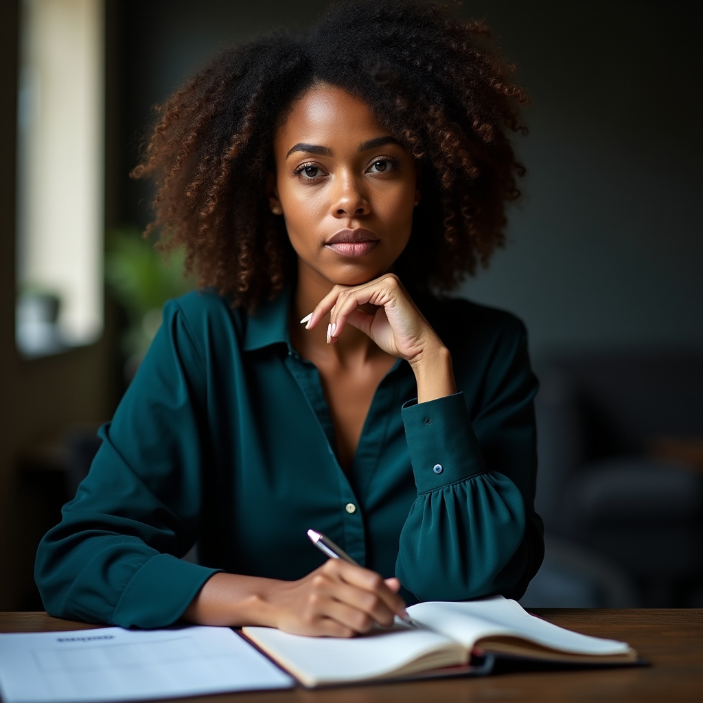 Professional at a crossroads, thoughtfully planning next career steps at a desk