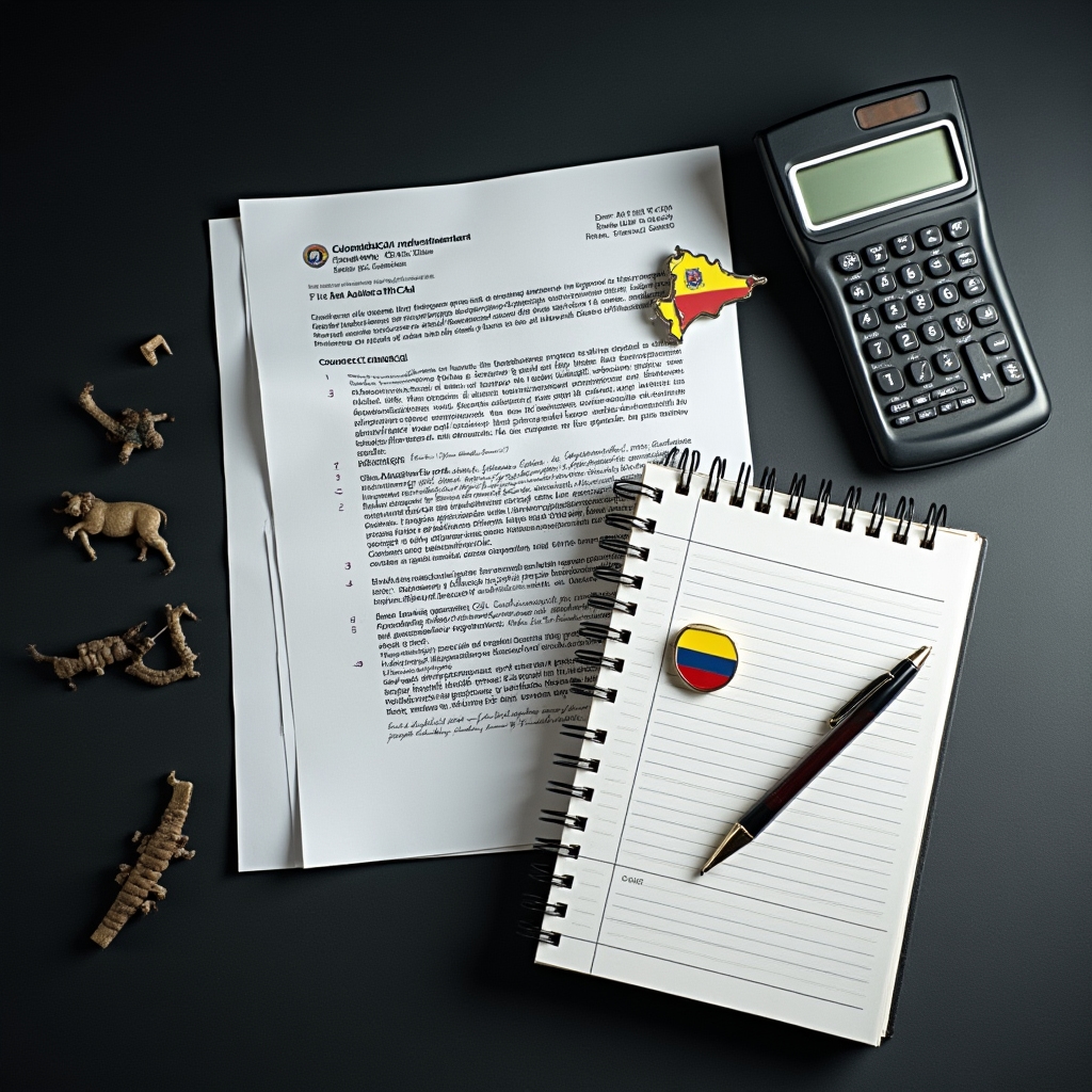 Map and documents representing the Colombian economic and regulatory context