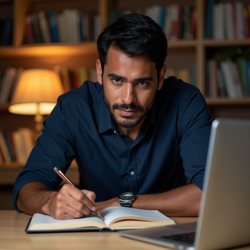 Colombian professional studying financial concepts at a desk