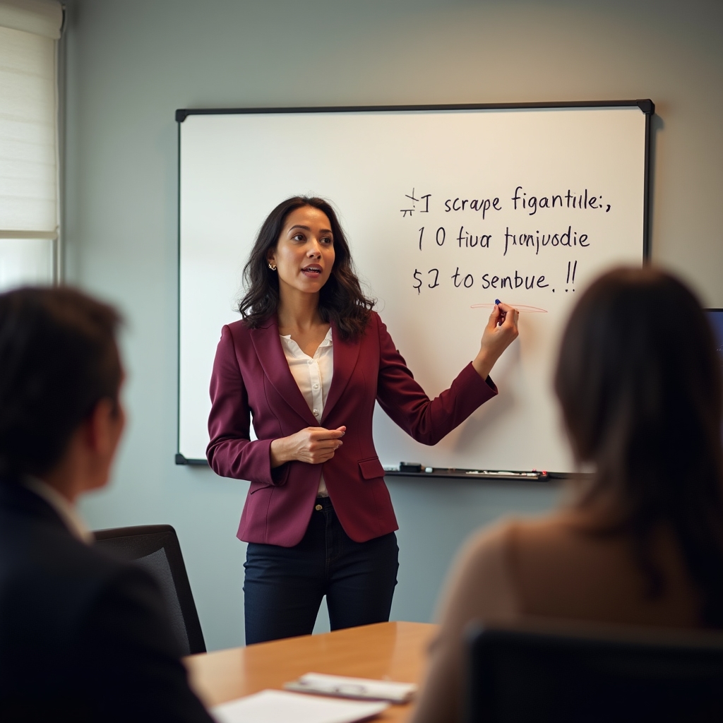 Teacher writing clear financial concepts on a whiteboard for a small group